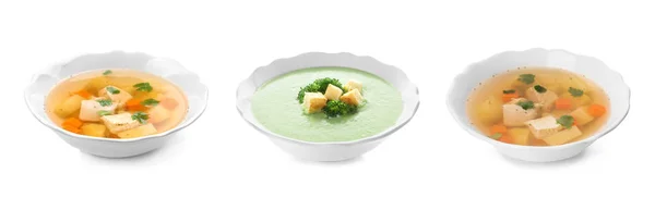 Verschiedene frische hausgemachte Suppen auf weißem Hintergrund. Bannerdesign — Stockfoto