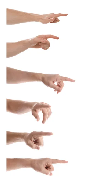 Uppsättning av människan pekar på något på vit bakgrund, närbild av händerna — Stockfoto