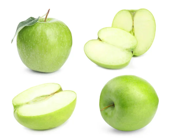 A friss, lédús, zöld alma, fehér háttér beállítása — Stock Fotó
