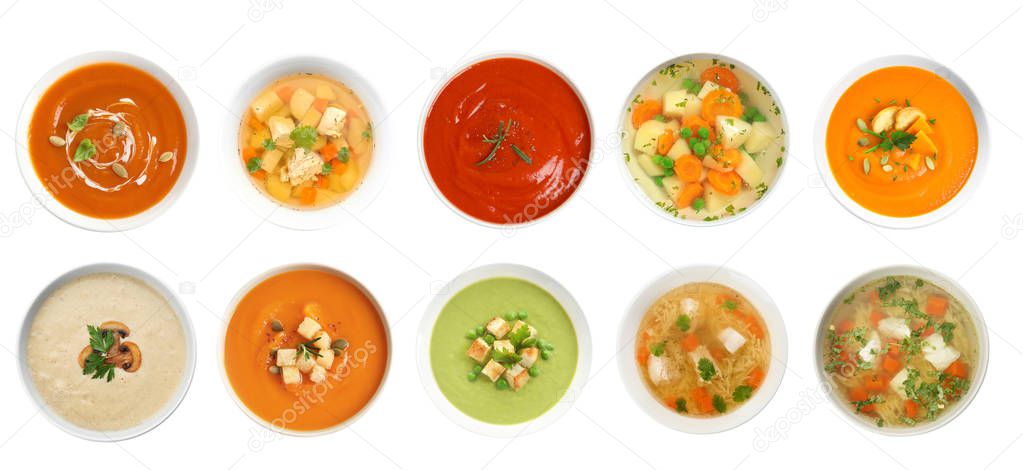 Set of different fresh homemade soups on white background, top view 