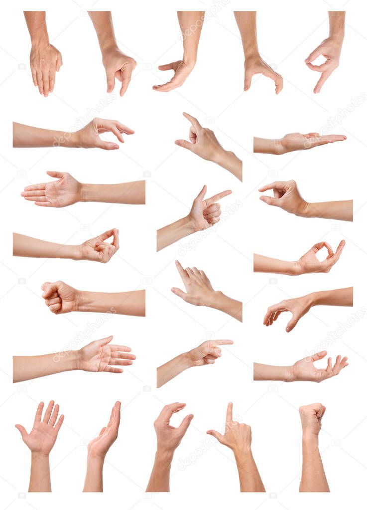 Set of people showing different gestures on white background, closeup view of hands 