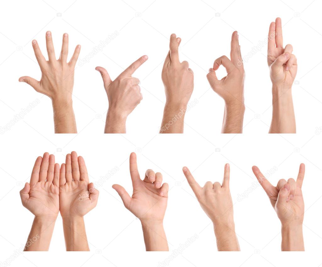 Set of man showing different gestures on white background, closeup view of hands 