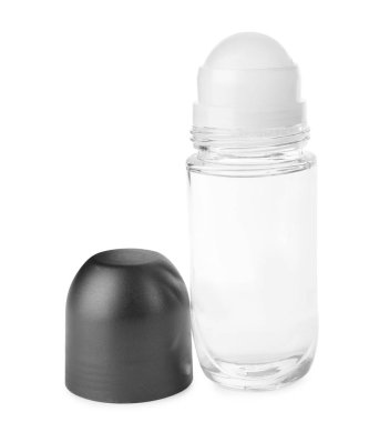 Beyaz arka plan üzerinde boş cam deodorant konteyner