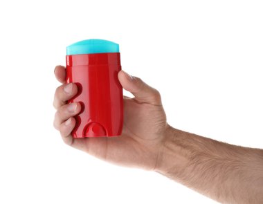 Beyaz arka planda sopa deodorant tutan adam, çekim