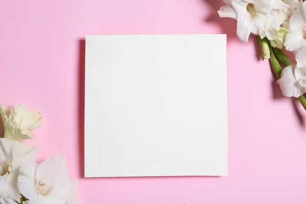 Όμορφη γλαδιόλη λουλούδια με λευκή κάρτα σε ροζ φόντο, Flat Lay. Χώρος για κείμενο — Φωτογραφία Αρχείου