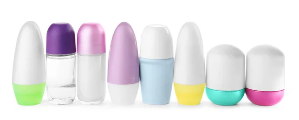 Sada různých ženských deodorantů na bílém pozadí — Stock fotografie