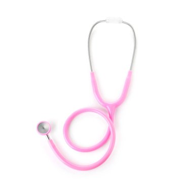 Beyaz arka planda stetoskop, üst görünüm. Tıbbi cihaz