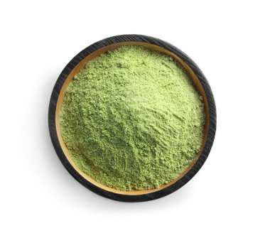 Beyaz arka plan üzerinde buğday çim tozu ile Plaka, üst görünümü