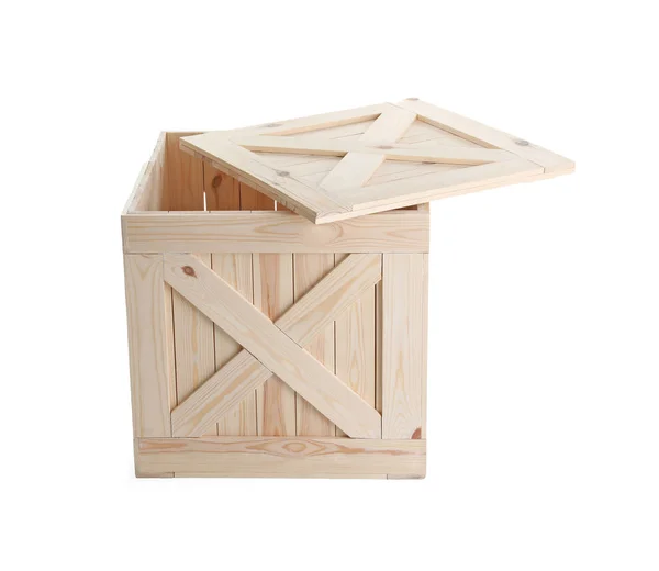 Cassa di legno aperta con coperchio isolato su bianco — Foto Stock