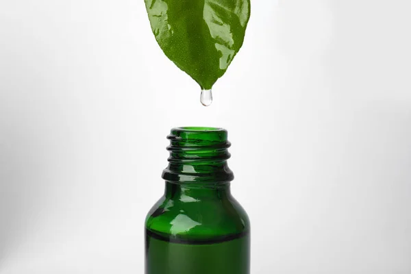 Etherische olie druipend van groen blad in fles tegen witte achtergrond — Stockfoto