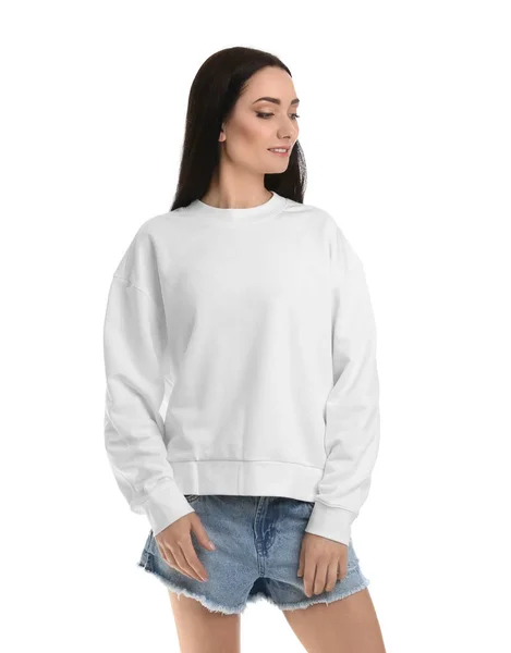 Retrato de mujer joven en suéter aislado en blanco. Prepárate para el diseño —  Fotos de Stock
