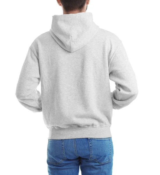 Jovem de camisola isolado em branco, close-up. Mock up para o projeto — Fotografia de Stock
