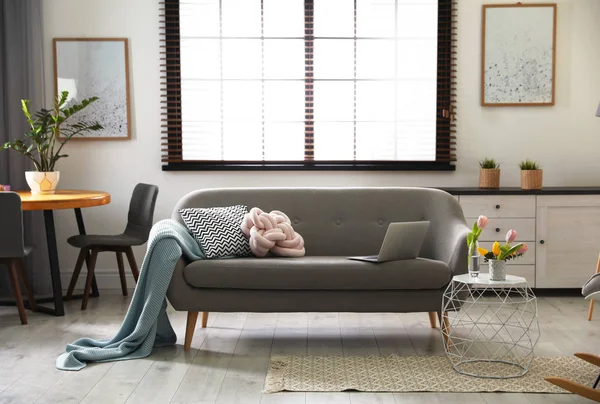 Интерьер уютной гостиной с серым диваном — стоковое фото