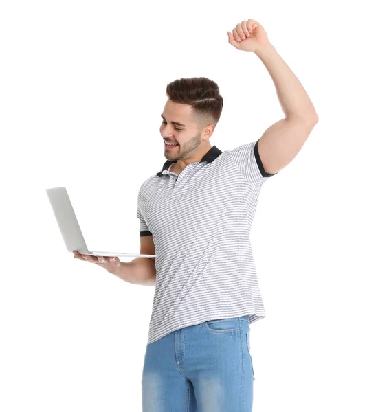 Emotional man with laptop on white background — Stock Photo, Image