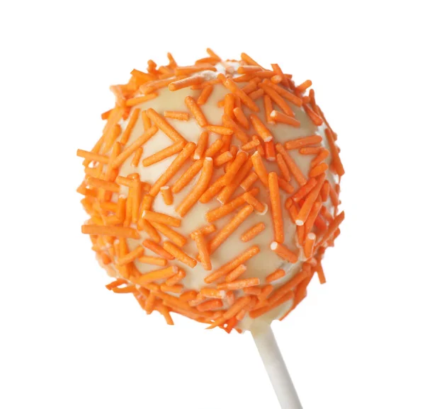 Tasty cake pop with orange sprinkles isolated on white — Stock Photo, Image