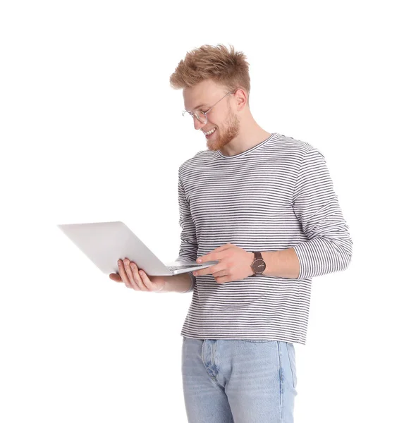 Lycklig man med laptop på vit bakgrund — Stockfoto