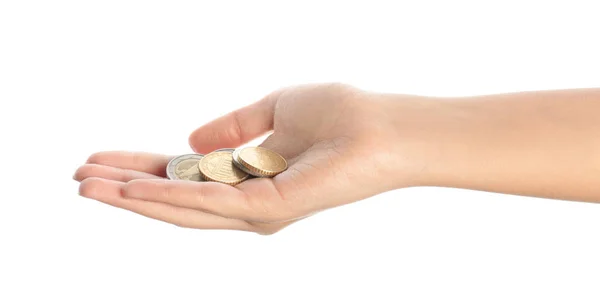 Young woman holding coins isolated on white, closeup — Stock Photo, Image