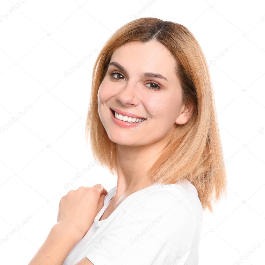 Portrait of woman with beautiful face on white background