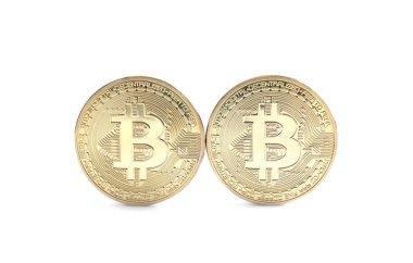 Beyaz üzerinde izole parlak Bitcoins. Dijital para birimi