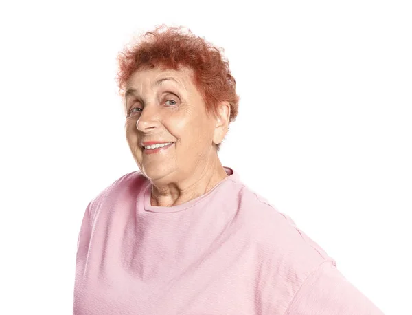 Portrait of elderly woman on white background — Stock Photo, Image