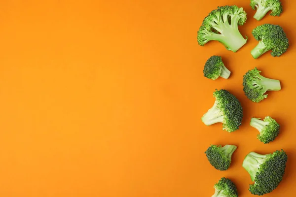 stock image Flat lay composition with fresh green broccoli on color background. Space for text