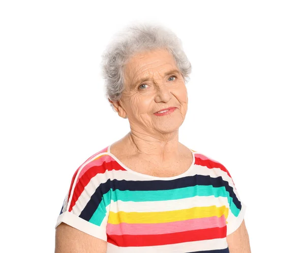Portret van de bejaarde vrouw op witte achtergrond — Stockfoto