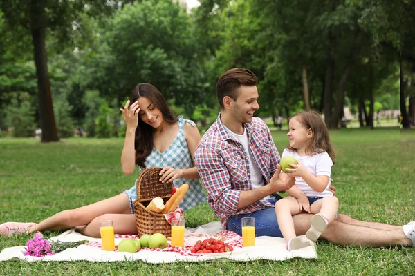 Glückliche Familie beim Picknick im Park an einem Sommertag — Stockfoto