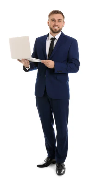 Lycklig ung affärsman Holding laptop på vit bakgrund — Stockfoto