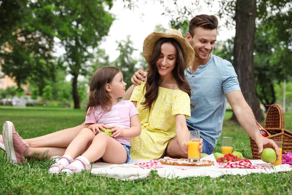 Famiglia felice che fa un picnic nel parco durante la giornata estiva — Foto Stock