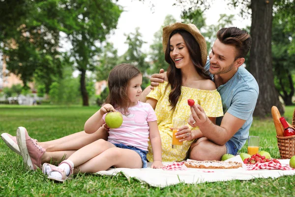 Famiglia felice che fa un picnic nel parco durante la giornata estiva — Foto Stock