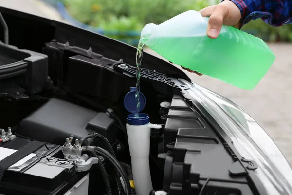 Man Pouring Liquid from Plastic Canister into Car Washer Fluid Reservoir, C  Stock Image - Image of canister, motor: 154937505