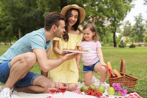 Famiglia felice che fa un picnic nel parco durante la giornata estiva — Foto Stock