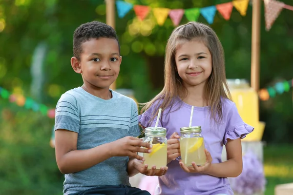 Cute little children with natural lemonade in park. Summer refreshing drink — Stock Photo, Image