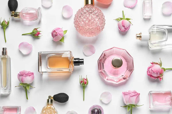 Diferentes botellas de perfume y flores sobre fondo blanco, vista superior — Foto de Stock