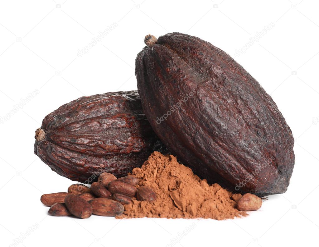 Whole cocoa pods, powder and beans on white background