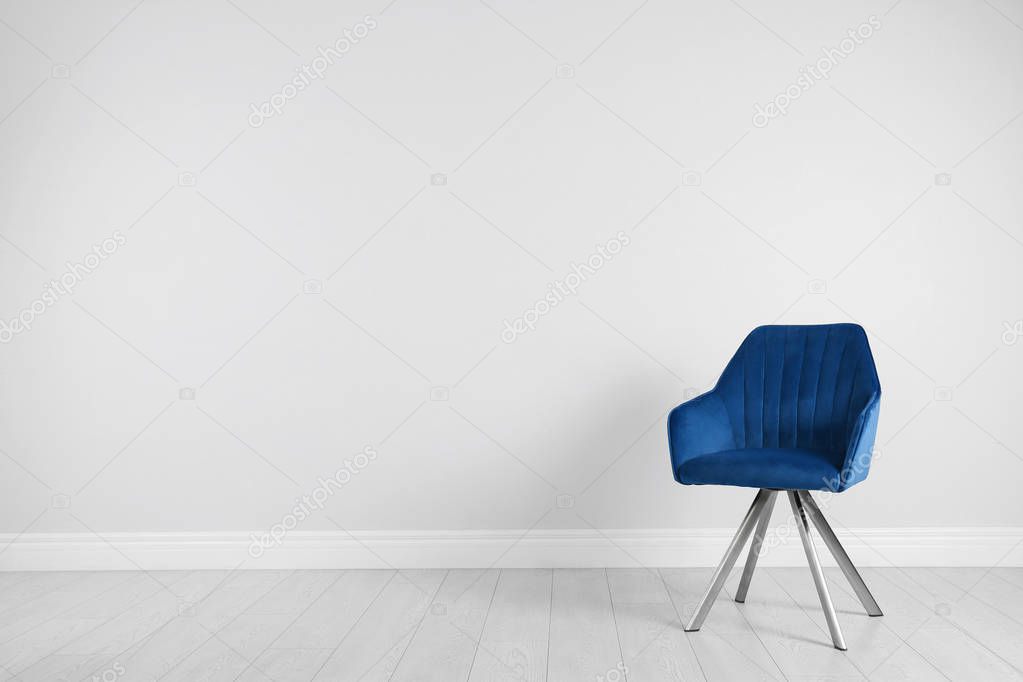 Blue modern chair for interior design on wooden floor at white wall