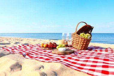 Güneşli plajda piknik sepeti ve ürünleri ile damalı battaniye. Metin alanı