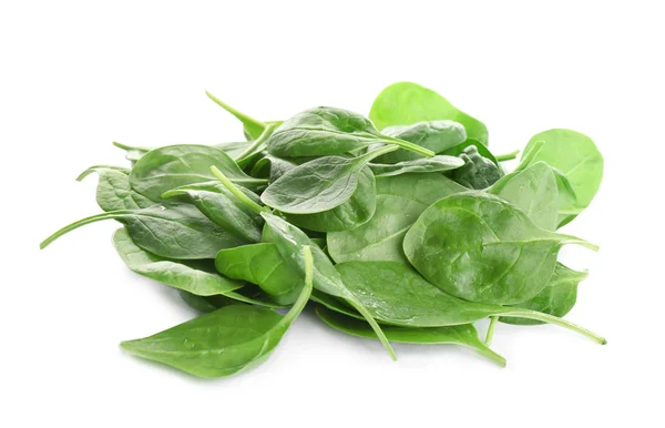 Pile of fresh green healthy baby spinach leaves on white background — Stock Photo, Image