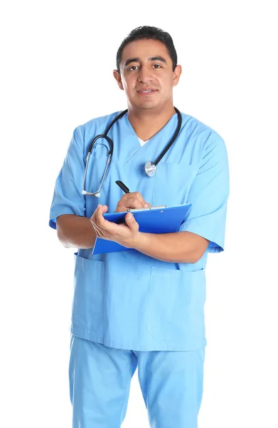 Retrato de médico hispano masculino aislado en blanco. Personal médico — Foto de Stock