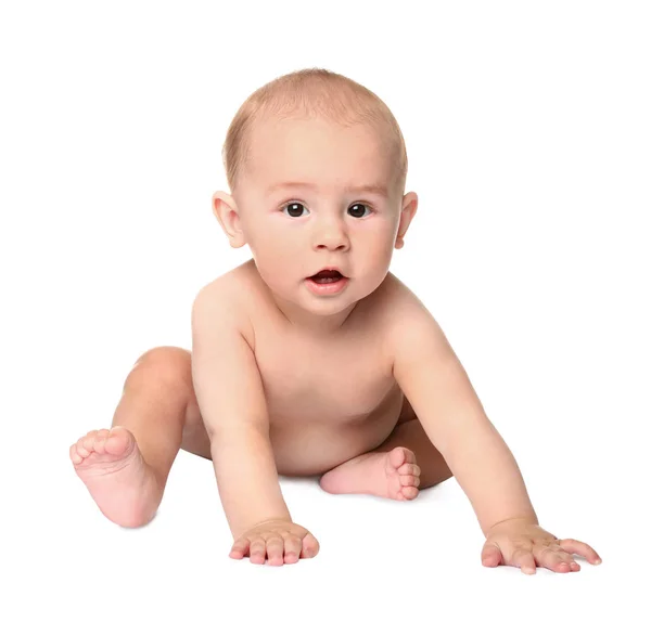 Beyaz arka plan üzerinde oturan şirin bebek — Stok fotoğraf