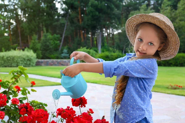 Gadis kecil menyiram bunga merah di halaman belakang. Berkebun di rumah — Stok Foto