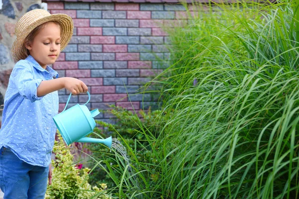 Mała dziewczynka podlewania roślin na zewnątrz. Ogrodnictwo domowe — Zdjęcie stockowe