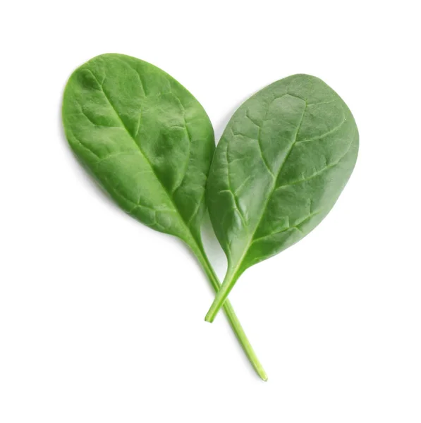 Verse groene bladeren van gezonde baby spinazie op witte achtergrond, bovenaanzicht — Stockfoto