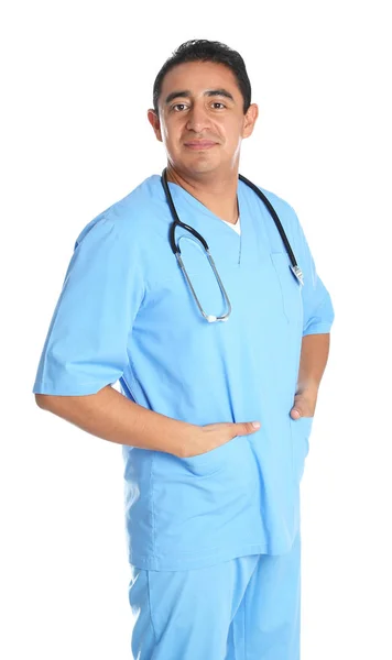 Portrait of male Hispanic doctor isolated on white. Medical staff — Stock Photo, Image