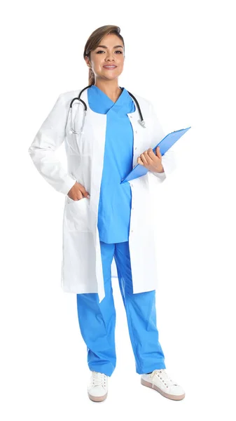 Full length portrait of female Hispanic doctor isolated on white. Medical staff — Stock Photo, Image