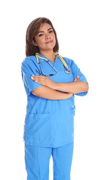 Πορτρέτο του θηλυκού Ισπανόφωνου γιατρού απομονώνεται σε λευκό. Ιατρικό προσωπικό — Φωτογραφία Αρχείου