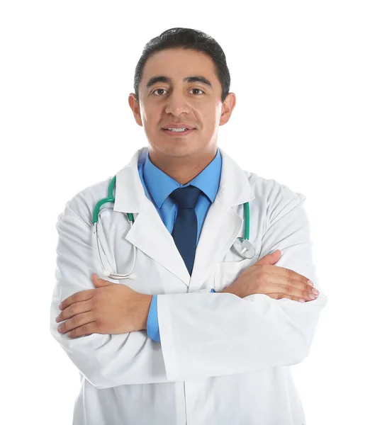 Portrait of male Hispanic doctor isolated on white. Staf medis — Stok Foto