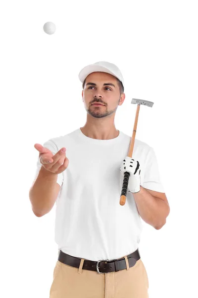 Retrato de jovem com clube de golfe e bola sobre fundo branco — Fotografia de Stock