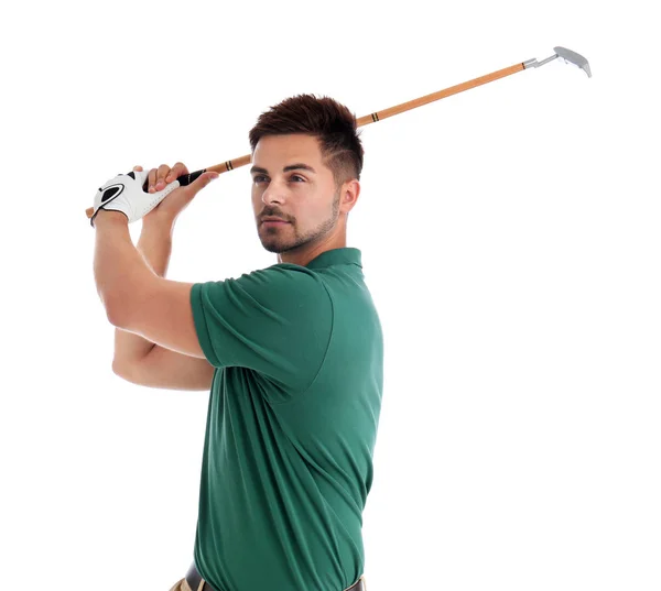 Jovem jogando golfe no fundo branco — Fotografia de Stock