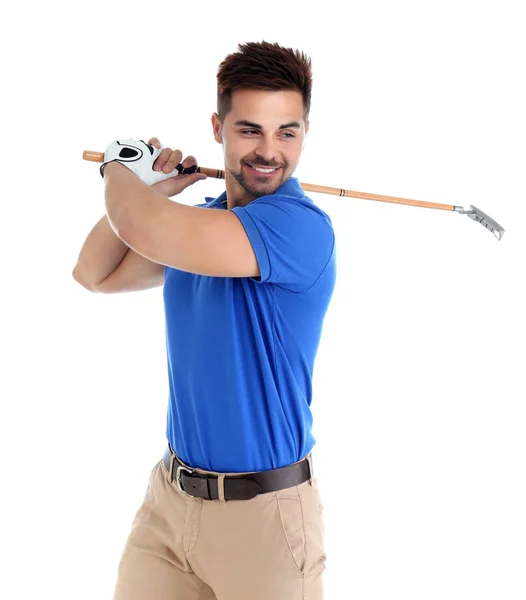 Ung mann som spiller golf på hvit bakgrunn – stockfoto